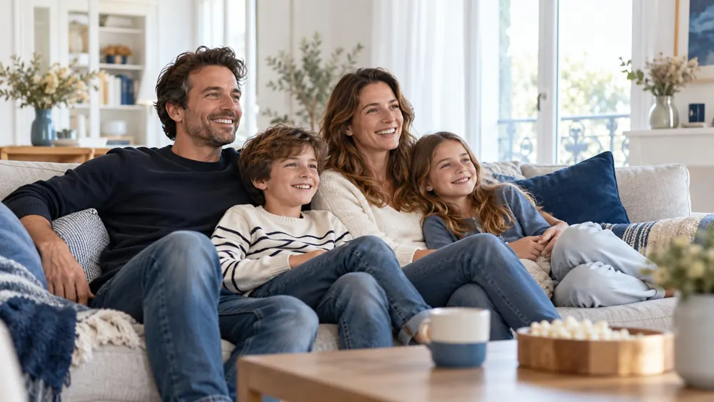 Une famille réunie sur le canapé pour regarder la télévision