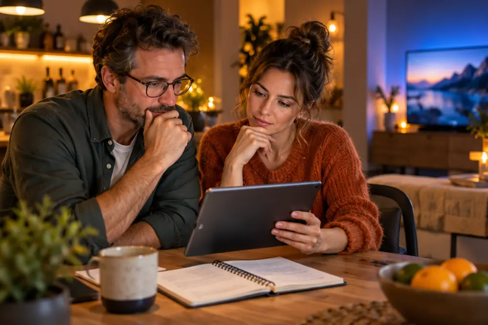Un couple compare des offres sur tablette, illustration du guide IPTV4 France